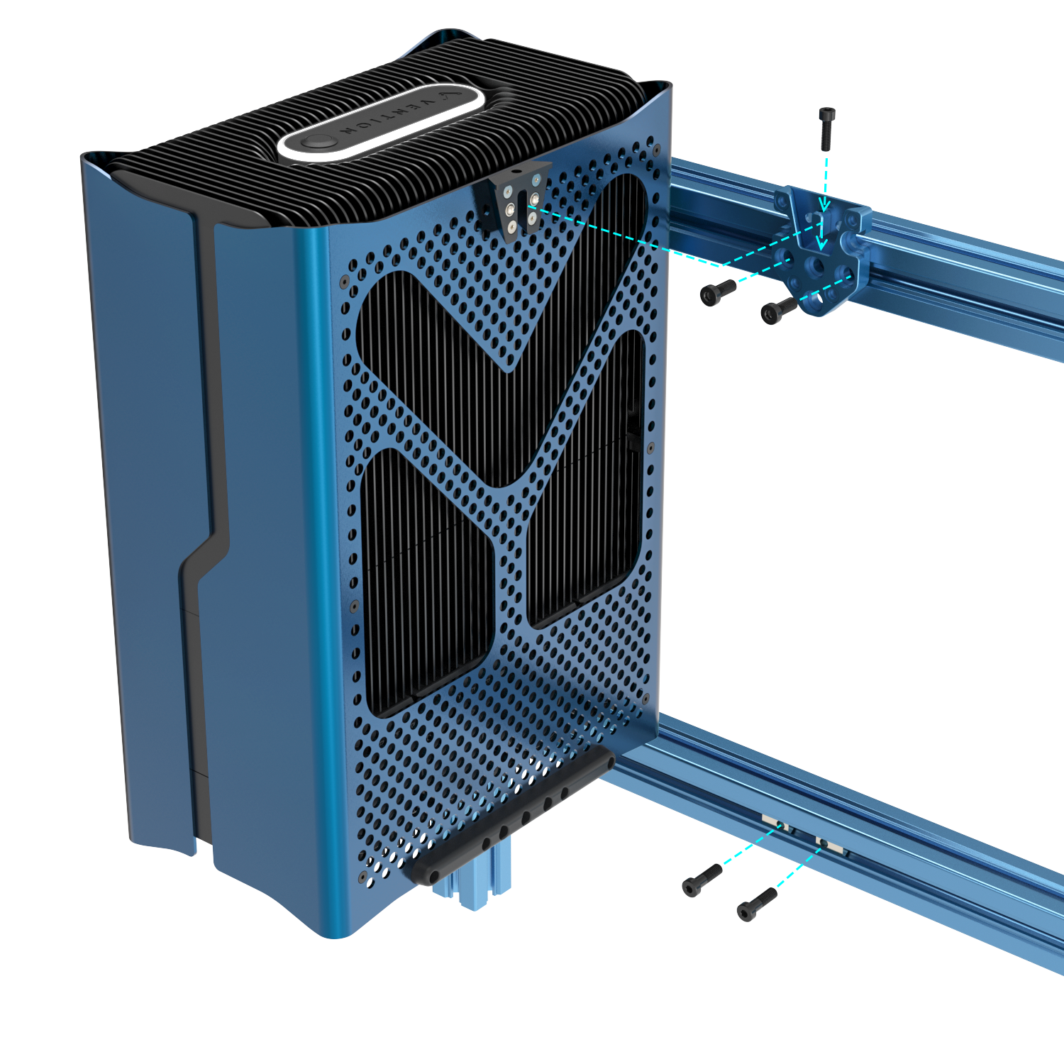 A detailed view of a blue device with highlighted mounting points and components.